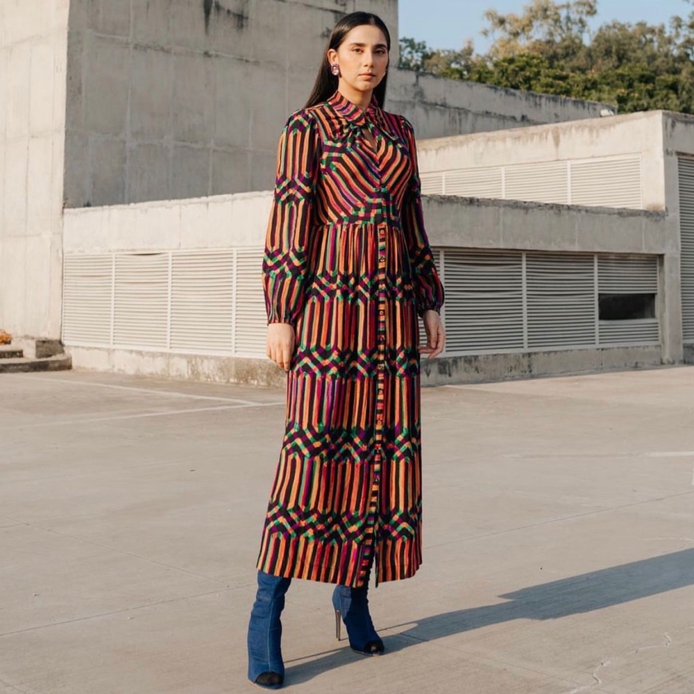 Ritu Kumar Twisted Neck Full Sleeve Printed Maxi Dress